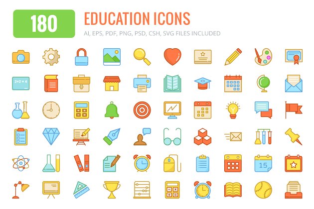 180个教育彩色图标 180 Education Colored and Line Icons