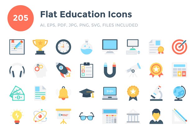 教育矢量图标下载 205 Flat Education Icons