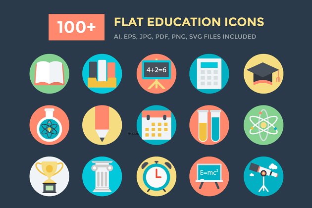 扁平化教育矢量图标 100+ Flat Education Vector Icons