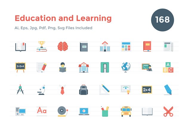 168个扁平化的教育和学习主题图标 168 Flat Education and Learning Icon