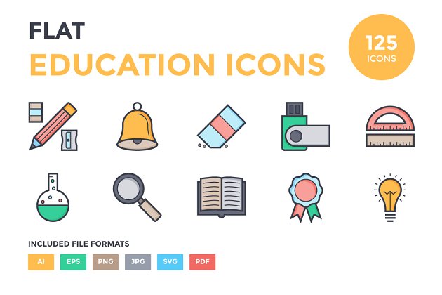 扁平化教育图标大全 125 Flat Education Icons