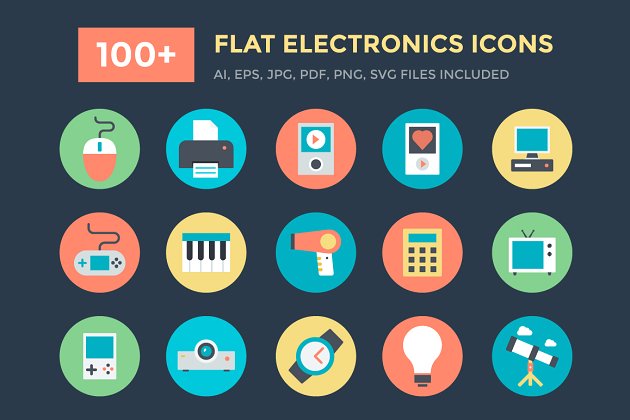 100+电子设备图标 100+ Flat Electronics Icons