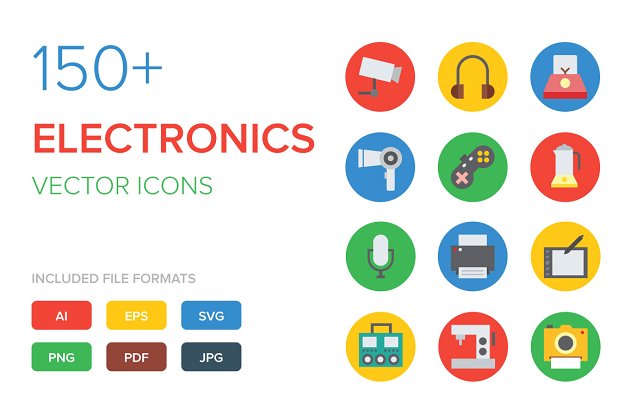150个扁平化的电子产品图标合集 150+ Electronics Vector Icons