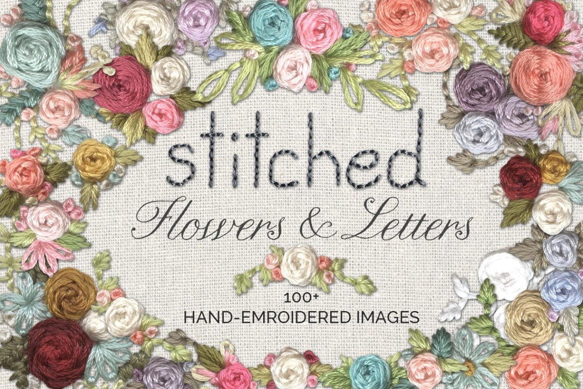 缝合的花和字母图形素材 Stitched Flower & Letter Graphics