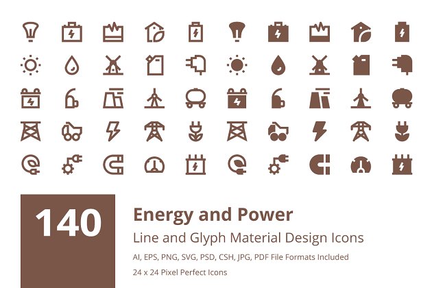 能源和动力材料图标 140 Energy and Power Material Icons