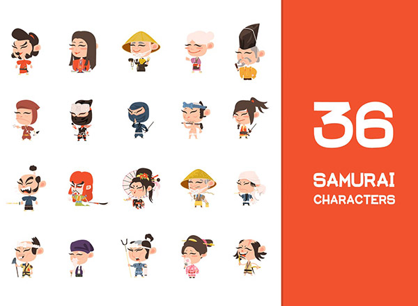36个矢量日本武士忍者相扑可爱卡通人物吉祥物集合