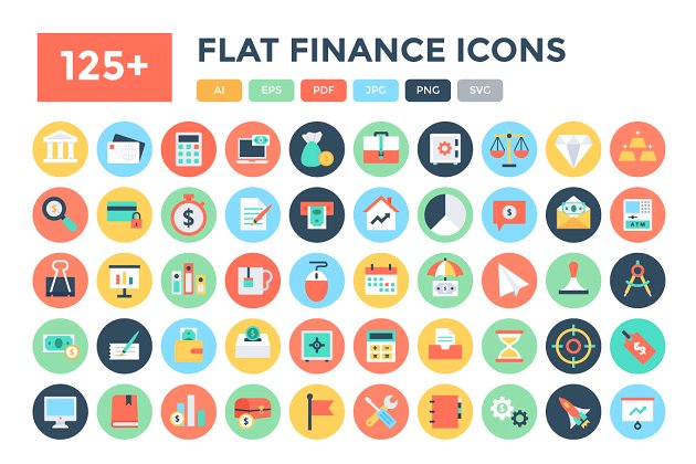 125+平面金融图标 125+ Flat Finance Icons