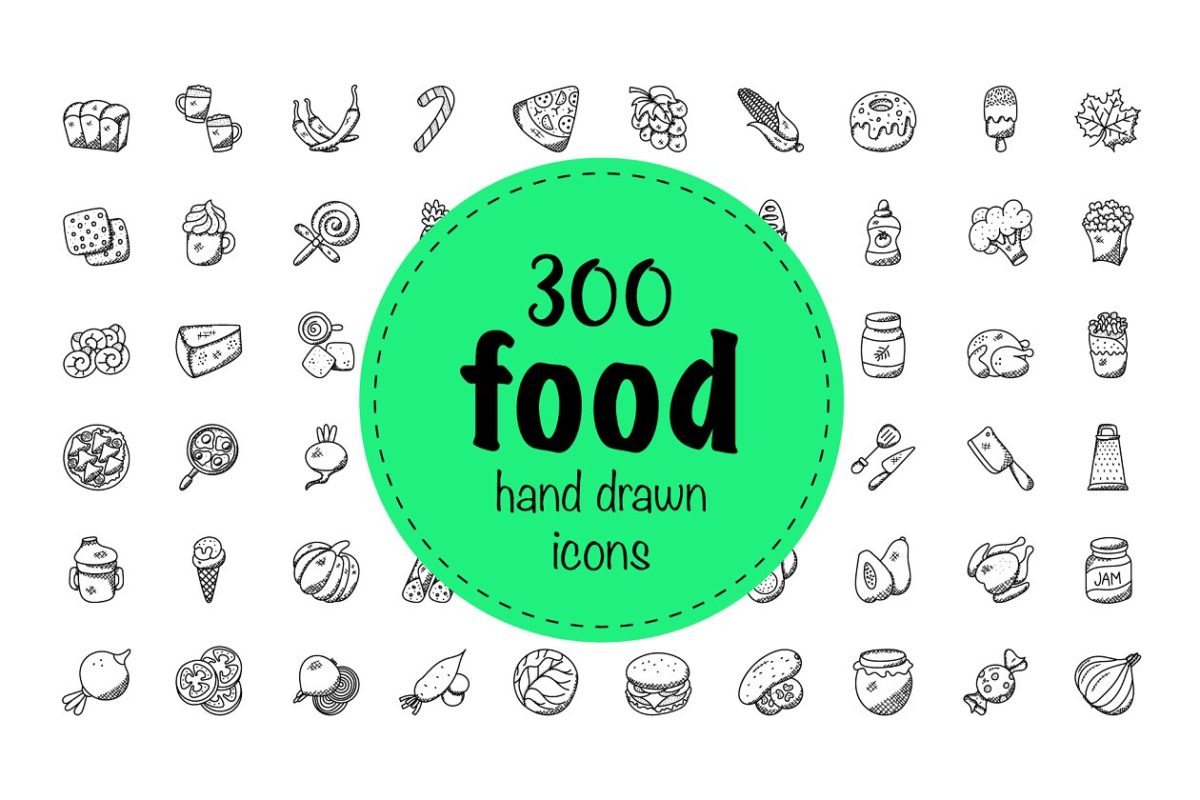 300个手绘食物图标 300 Food Hand Drawn Doodles Icons