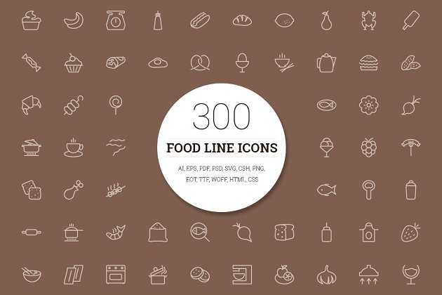 300食物主题的线型图标 300 Food Line Icons