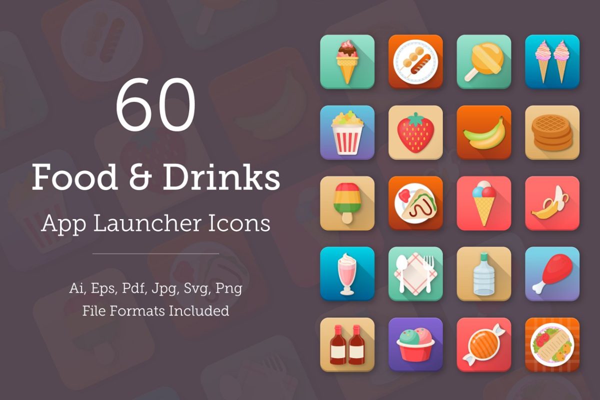 60个食物和饮料应用图标 60 Food and Drinks App Icons
