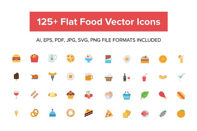 食物矢量图标素材 125+ Flat Food Vector Icons