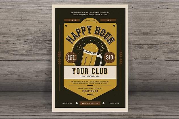 经典啤酒宣传海报促销模板 Vintage Happy Hour Beer Promotion