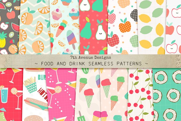 食物和饮料的无缝背景纹理素材 Food and Drink Seamless Patterns