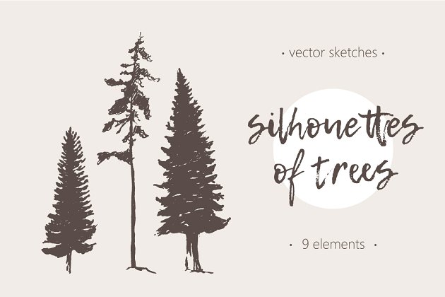 松树和杉树插画 Silhouettes of pine and fir trees