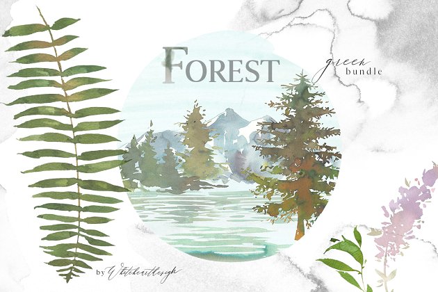 清新的森林绿叶素材包 Forest – Green Watercolor Bundle