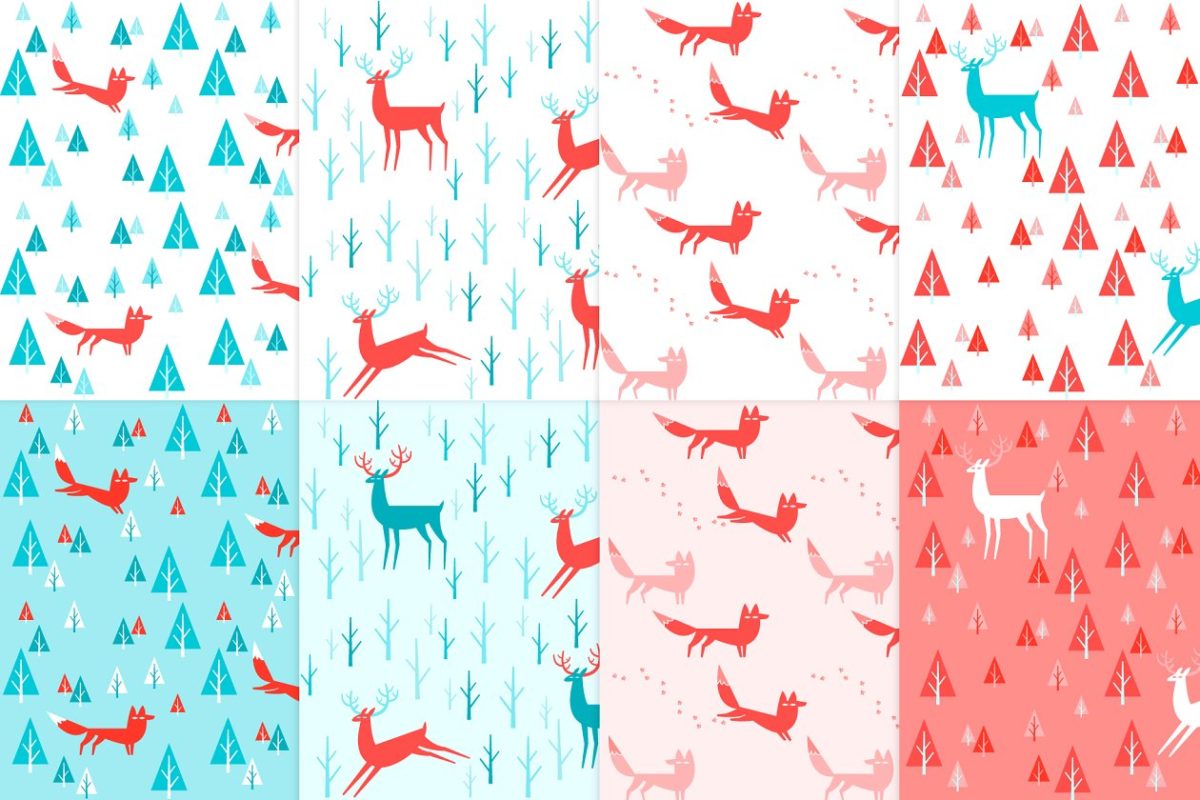 8 .鹿和狐狸无缝图案 8 deers and foxes seamless patterns