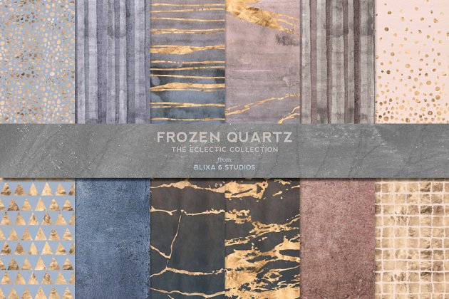 冷冻石英水彩和金箔背景纹理素材 Frozen Quartz Watercolor & Gold