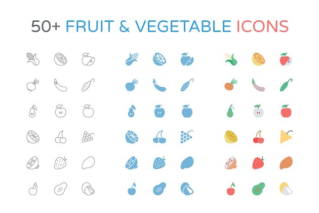 50个水果蔬菜图标 50+ Fruit and Vegetable Icons
