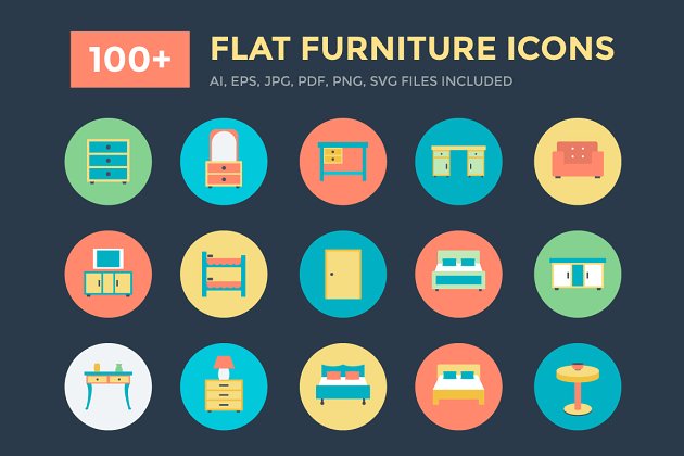 100+平面家具图标 100+ Flat Furniture Icons