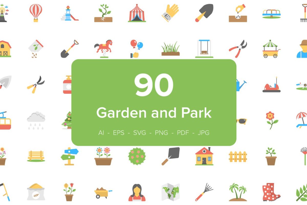 90个花园扁平化图标 90 Garden and Park Flat Icons Set