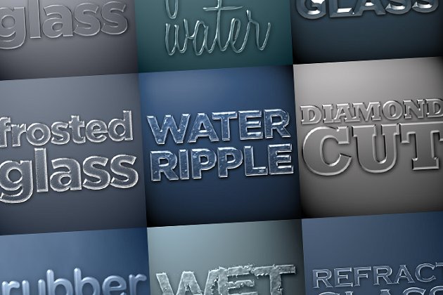 透明字体设计图层样式 Glass & Water Photoshop Styles Pack