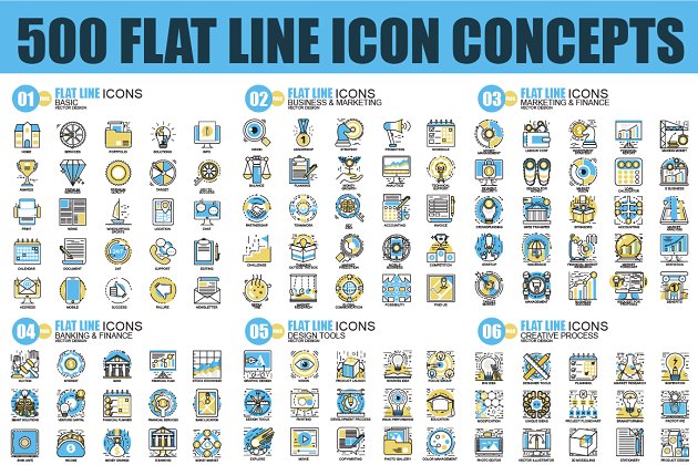 500个扁平化线型概念创意图标 Pack Flat Line Icons