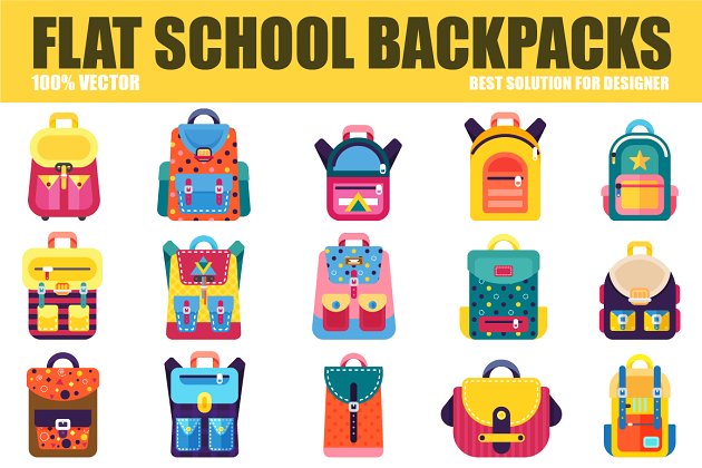 学校元素矢量插画 Flat School Backpacks Set