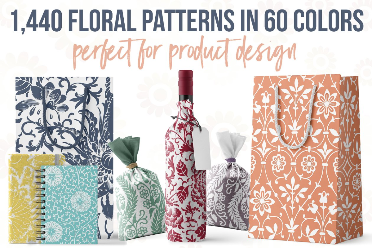 一大波花卉图案包装素材 1,440 Floral Patterns in 60 Colors