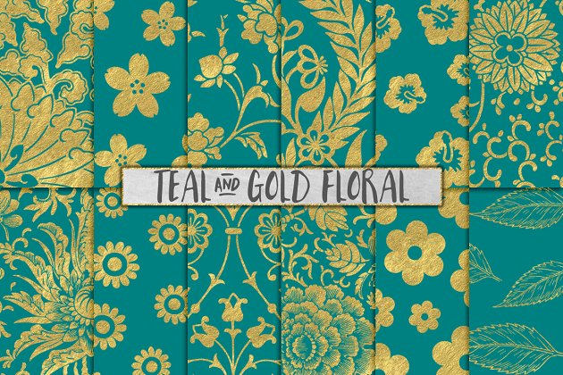 深青色和金花背景纹理素材 Teal and Gold Flower Backgrounds
