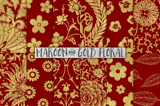 栗色和金色的碎花纸传单设计 Maroon and Gold Floral Papers