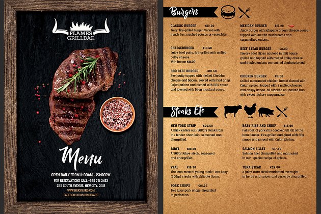 高端西餐厅牛排菜单传单海报模版 Grill Restaurant Menu Flyer Template