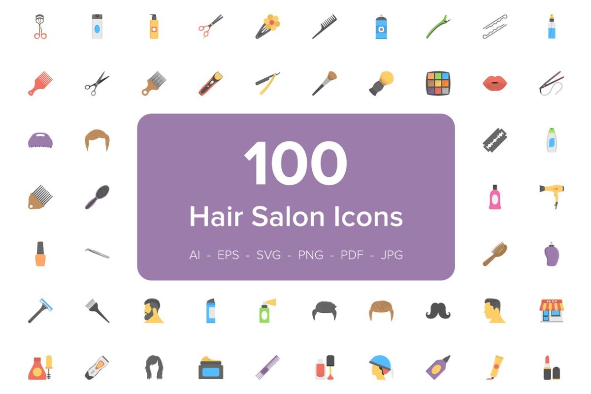 美发沙龙矢量图标 100 Hair Salon Flat Vector Icons