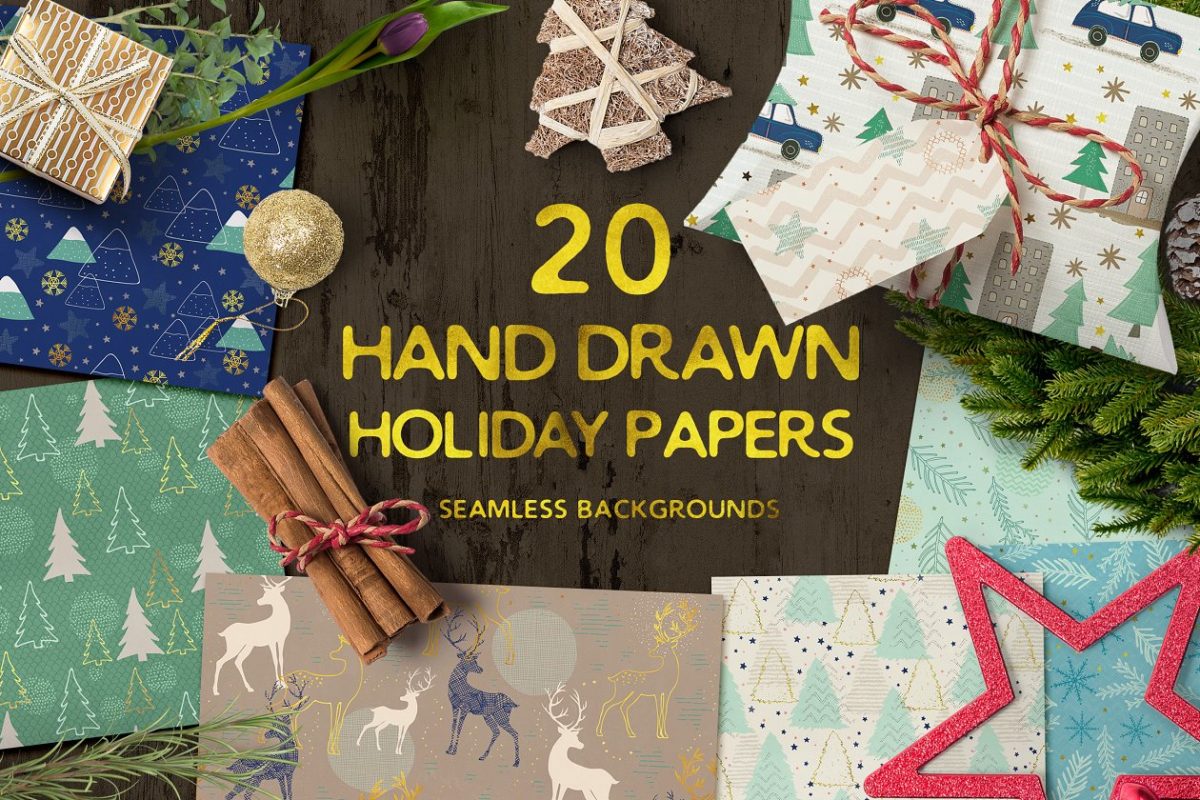 圣诞节日相关的手绘背景纹理素材 Hand drawn seamless holiday papers
