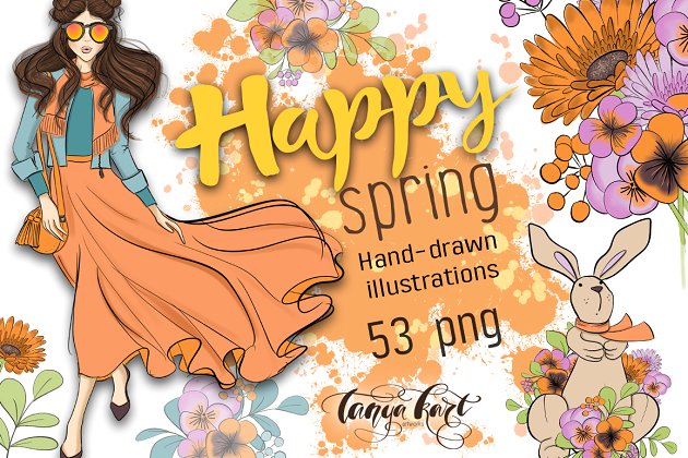 快乐春天手绘素材 Happy Spring Hand Drawn Illustration