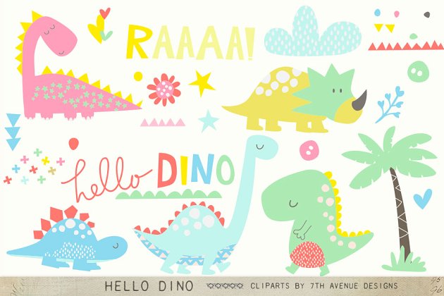卡通可爱的恐龙图形素材 Hello Dino Cliparts