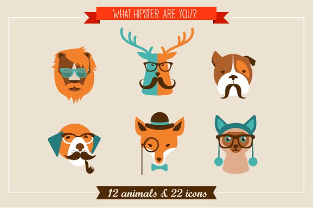 圣诞动物怪物素材图形 Hipster Animals & 22 icons