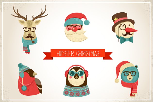 复古圣诞节动物图标 Vintage Hipster Christmas animals