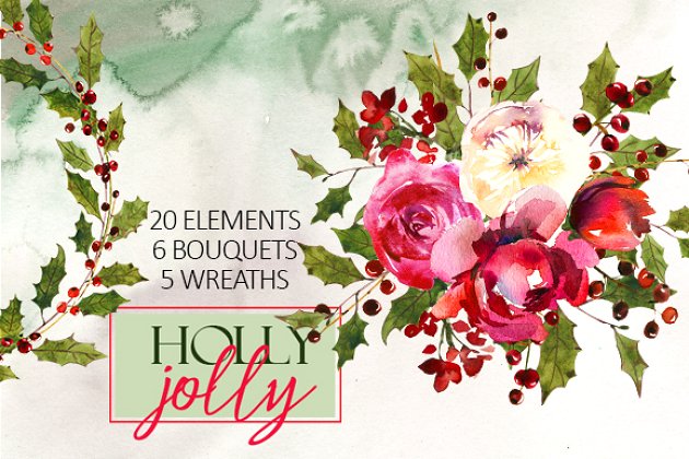 Holly素材和圣诞节水彩画 Holly Steams Christmas Watercolors