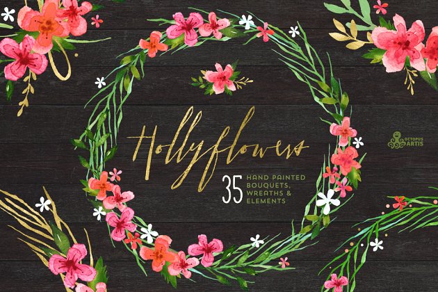 冬青节日花卉logo创意模板 Hollyflowers. Holiday floral set