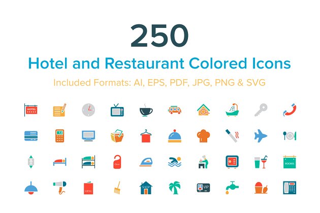 酒店和餐厅的彩色图标 Hotel and Restaurant Colored Icons