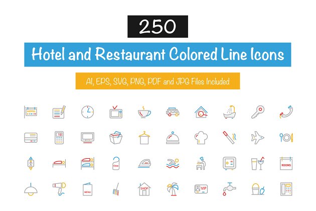 250个酒店相关图标 250 Hotel Colored Line Icons