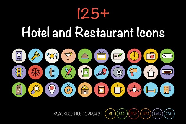 酒店餐厅矢量图标 125+ Hotel and Restaurant Icons