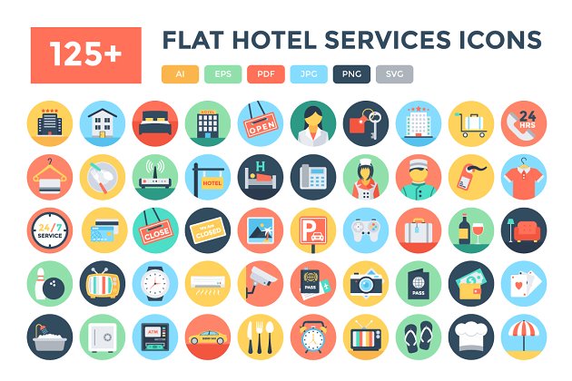 125+酒店服务图标素材 125+ Flat Hotel Services Icons