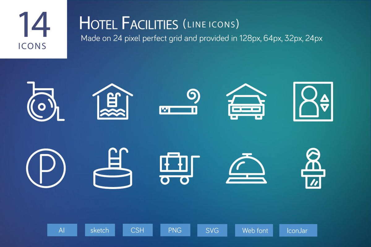 14个酒店设施图标 14 Hotel Facilities Line Icons