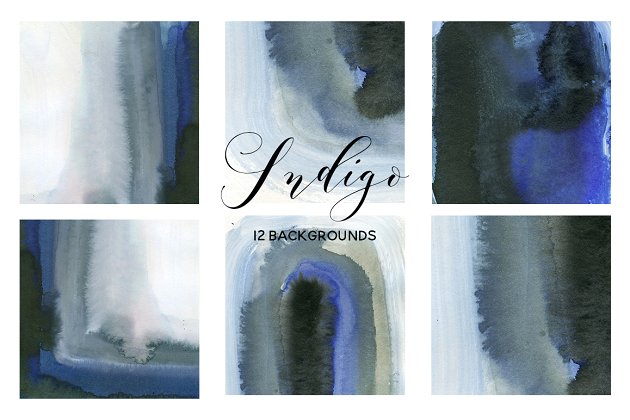 水洗水彩效果的背景纹理素材 Indigo Blue Grey Watercolor Washes