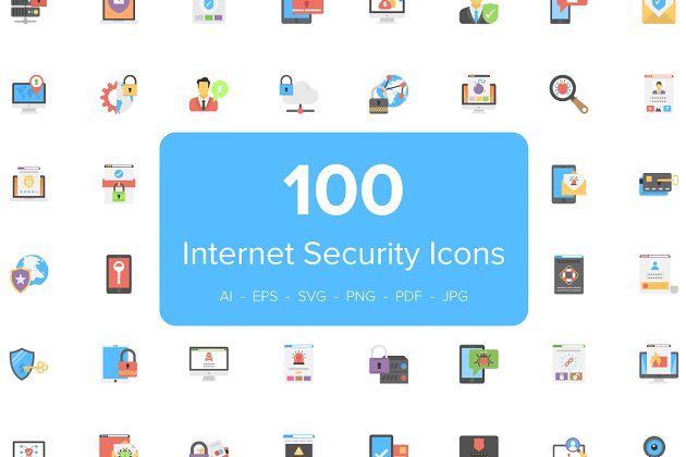 网络安全矢量图标 100 Flat Internet Security Icons