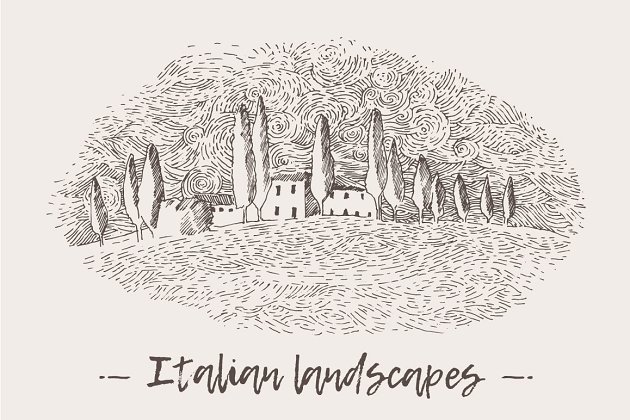 意大利的风景速写插画 Italian landscapes, vineyards