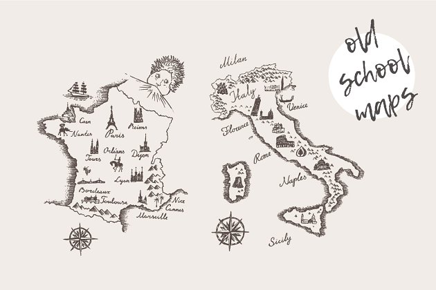 手绘的意大利+法国素材 Maps of The Italy and The France