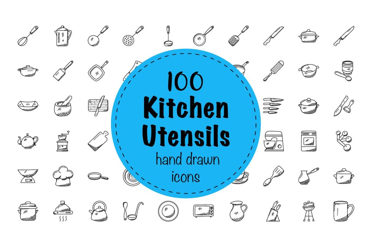 100件厨房用具涂鸦图标 100 Doodles of Kitchen Utensils