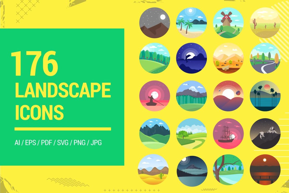 176个扁平化圆形陆地素材图标 176 Flat Rounded Landscape Icons